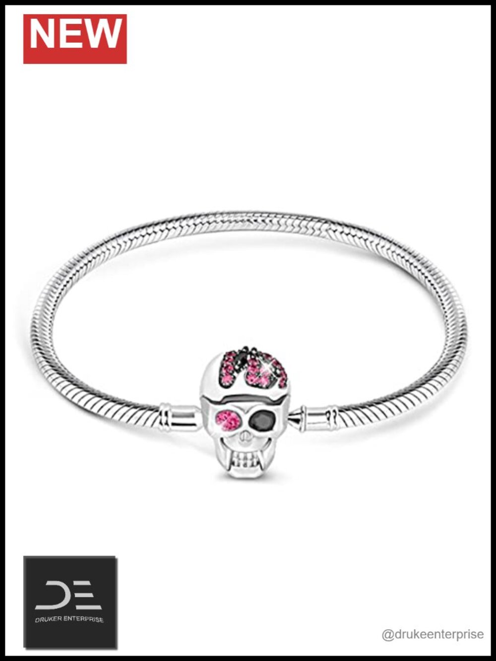 Sterling Silver Skull Crystal Charm Bangle Bracelet Fuchsia